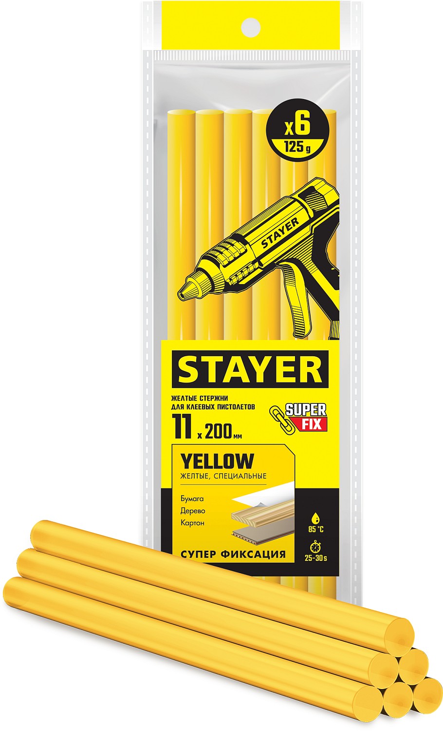 STAYER Yellow желтые клеевые стержни, d 11 мм х 200 мм 6 шт. 125 г. 2-06821-Y-S06