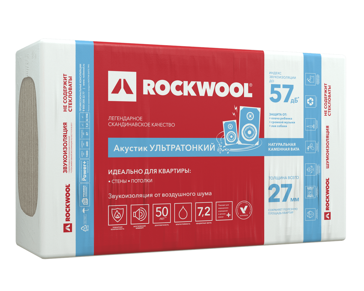 Звукоизоляция Rockwool Акустик Баттс Ультратонкий 1000х600х27 мм 12шт 7.2м2 0.19м3