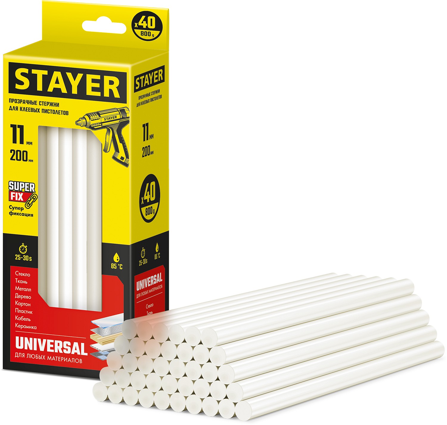 STAYER Universal прозрачные универсальные клеевые стержни, d 11 мм х 200 мм 40 шт. 0,8 кг. 2-06821-T-S40