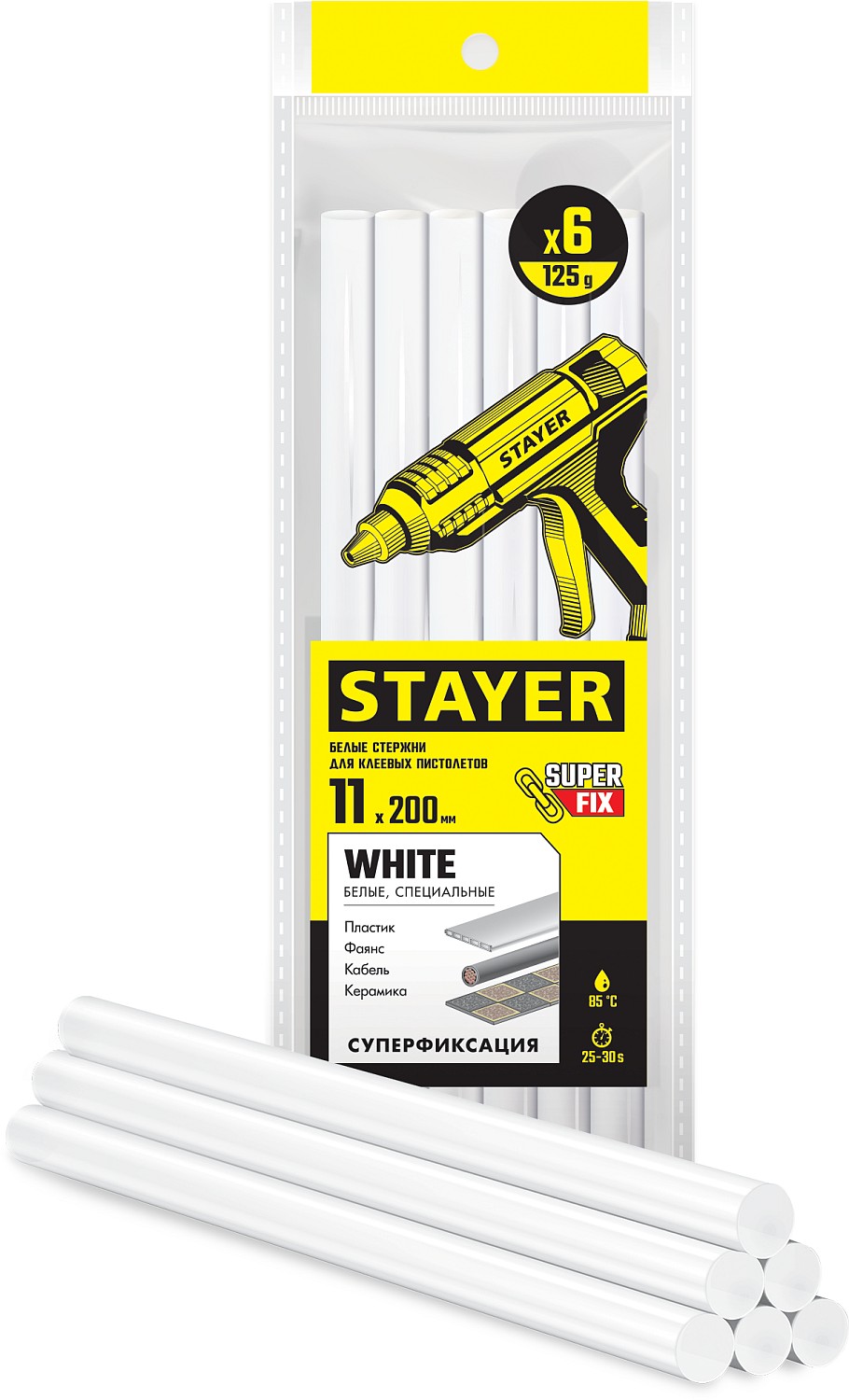 STAYER White белые клеевые стержни, d 11 мм х 200 мм 6 шт. 125 г. 2-06821-W-S06