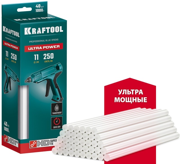 KRAFTOOL Ultra Power ультрамощные прозрачные клеевые стержни, d 11 x 250 мм (11-12 мм) 40 шт. 1 кг 06848-40