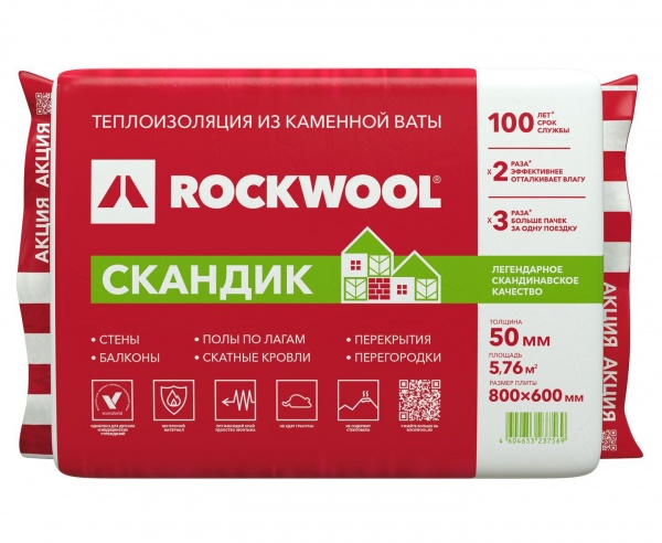 Rockwool Лайт Баттс Скандик 800х600х100 мм 2.88м2 0.288м3 6шт