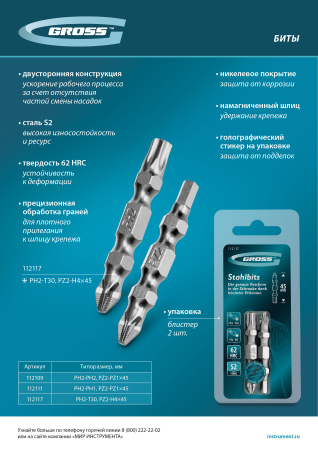Набор бит двухстор., PH2-PH2х45мм, PZ2-PZ1х45мм, сталь S2, 2 шт. Gross цена