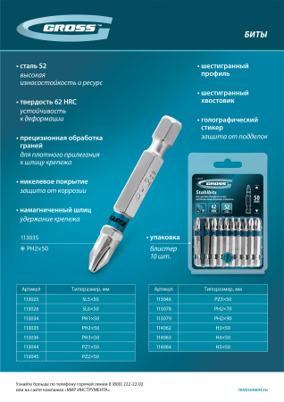 Бита PH2х50мм, сталь S2, шестигр., 10 шт. Gross цена