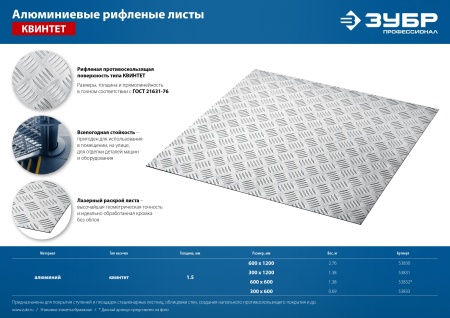Алюминиевый рифленый лист ЗУБР Квинтет 600х1200 х1.5 мм
