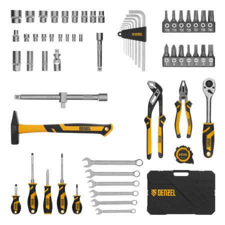 Набор инструментов, 1/2", 1/4", CrV, S2, пластиковый кейс, 64 предмета Denzel цена
