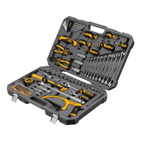 Набор инструментов, 1/2", 1/4", CrV, S2, пластиковый кейс, 100 предметов Denzel цена