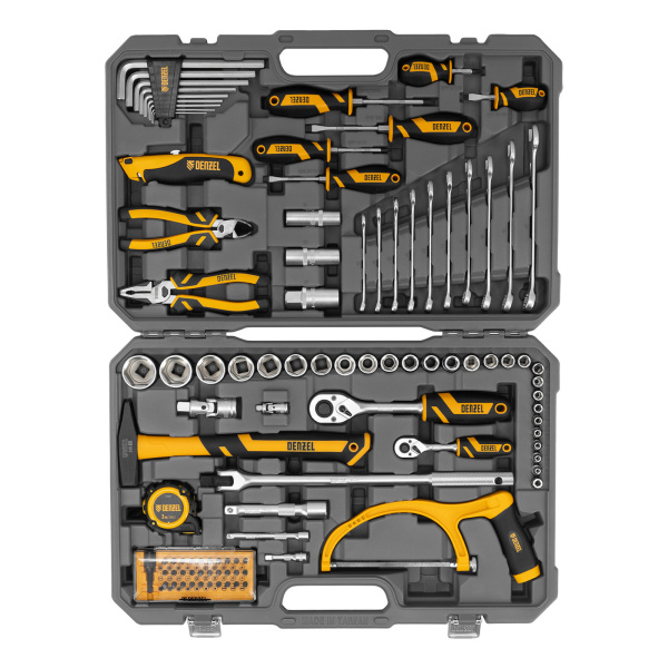 Набор инструментов, 1/2", 1/4", CrV, S2, пластиковый кейс, 100 предметов Denzel цена
