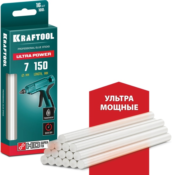 KRAFTOOL Ultra Power ультрамощные прозрачные клеевые стержни, d 7 x 150 мм (7-8 мм) 16 шт. 100 г. 06837-16