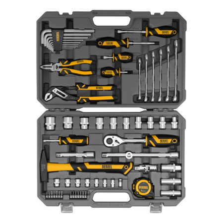 Набор инструментов, 1/2", 1/4", CrV, S2, пластиковый кейс, 64 предмета Denzel цена