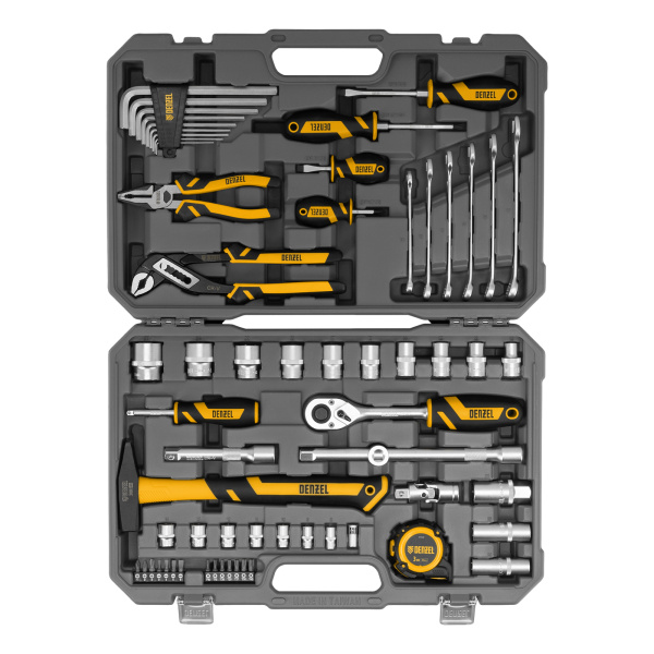 Набор инструментов, 1/2", 1/4", CrV, S2, пластиковый кейс, 64 предмета Denzel цена