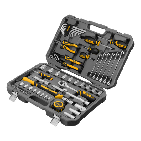 Набор инструментов, 1/2", 1/4", CrV, S2, пластиковый кейс, 64 предмета Denzel цена